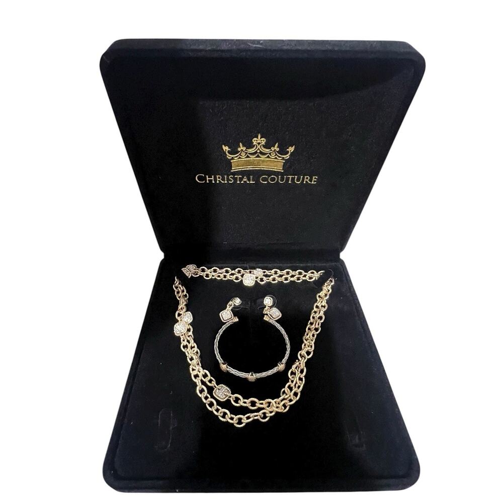 Christal Couture Necklace 36" , Cuff Bracelet & Pierced Earrings Set Pave in Box